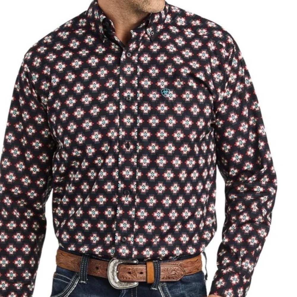 Ariat Mens Kasey Southwestern Geometric Print Button Down Shirt Black Red Medium